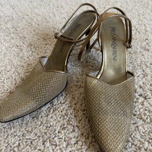 Yves Saint Laurent Gold Metallic Leather Slingback Heels Sz 9| Made in Italy